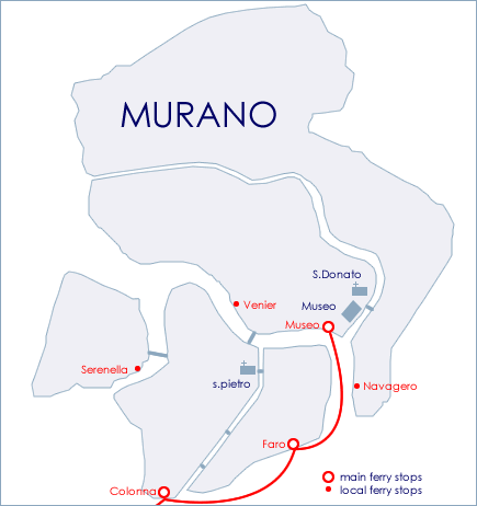 Map of Murano waterbus stops